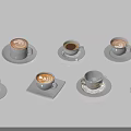 Different Coffee Cups With Saucers And Latte Art Arranged On White Surface