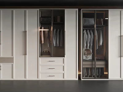 Modern White Wardrobe With Glass Doors Drawers Hanging Rods And Interior Lighting 3d model