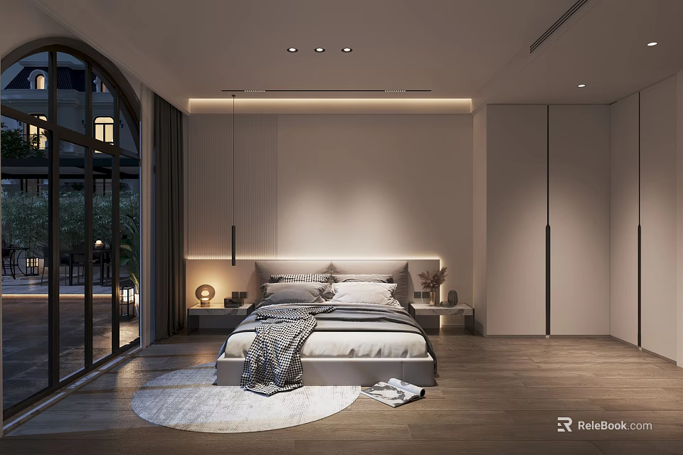 Modern Bedroom Interior Design With Round Rug Arched Windows And Pendant Light 3d model 
