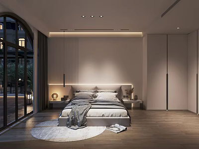 Modern Bedroom Interior Design With Round Rug Arched Windows And Pendant Light 3d model
