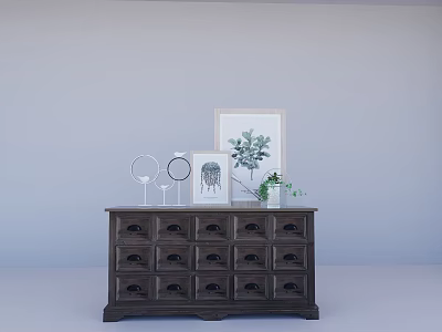 Rustic Wooden Entryway Side Cabinet With Drawers Framed Art Round Mirror And Potted Plant 3d model