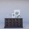Rustic Wooden Entryway Side Cabinet With Drawers Framed Art Round Mirror And Potted Plant