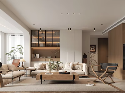 Warm Bright Modern Living Room With Natural Wood Furniture Comfortable Sofa And Custom Storage Cabinets 3d model