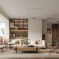Warm Bright Modern Living Room With Natural Wood Furniture Comfortable Sofa And Custom Storage Cabinets