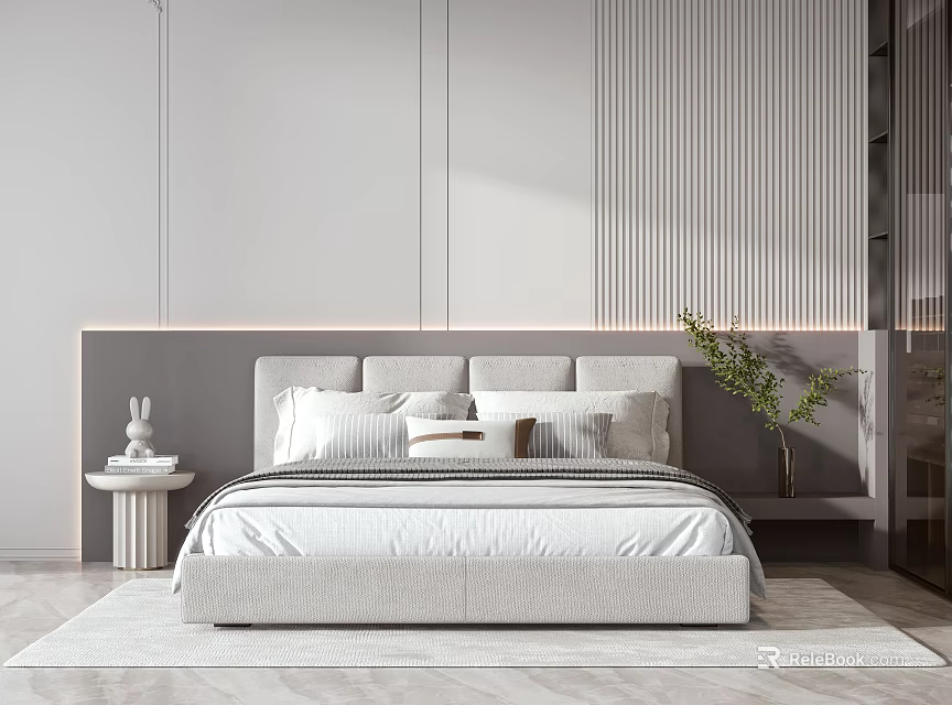 Modern Minimalist Double Bed With Gray Headboard Pillows Striped Bedding Nightstand Decorations Green Plant Wall 3d model 