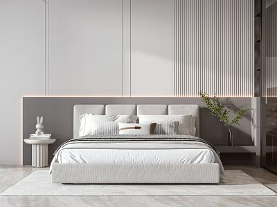 Modern Minimalist Double Bed With Gray Headboard Pillows Striped Bedding Nightstand Decorations Green Plant Wall 3d model