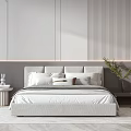 Modern Minimalist Double Bed With Gray Headboard Pillows Striped Bedding Nightstand Decorations Green Plant Wall