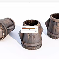 Three Old Wooden Barrels With Rustic Wood Grain And Iron Hoops Arranged On White Background