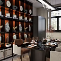 Modern Dining Living Room With Wooden Walls And Marble Pedestal Sculpture