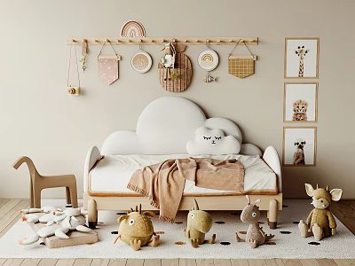 Cute Kids Bed with Cloud Shaped Headboard Blanket Stuffed Animals and Animal Wall Art 3d model