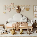 Cute Kids Bed with Cloud Shaped Headboard Blanket Stuffed Animals and Animal Wall Art