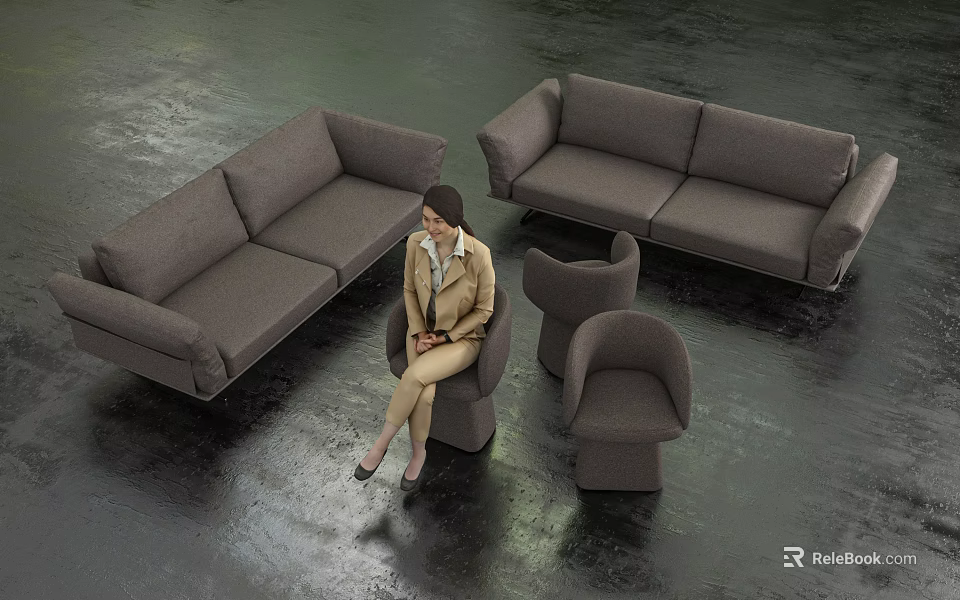 Modern Leisure Sofa Set With Armchairs And Dark Floor Living Space 3d model 