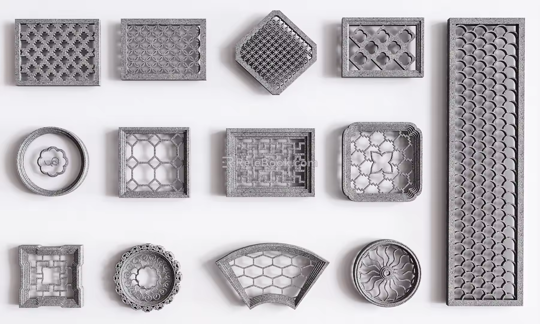 New Chinese Style Pattern Window Exterior Wall Cement Lattice Window Combination 3d model