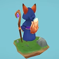 Cute Fantasy Fox Mage Character In Blue Robe With Staff On Floating Island