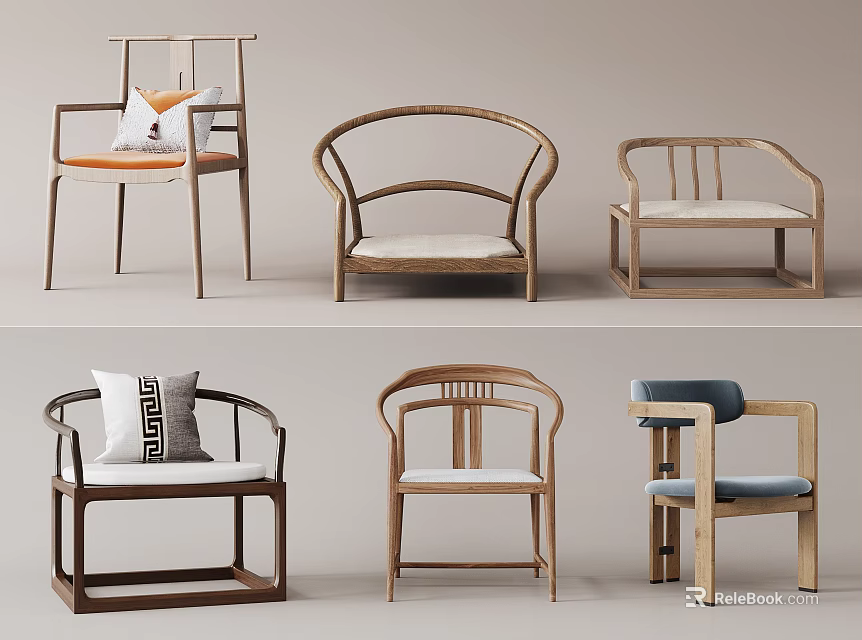Modern Leisure Chairs Collection With Wooden Frames Different Backrests And Padded Seats 3d model 