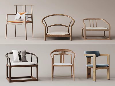 Modern Leisure Chairs Collection With Wooden Frames Different Backrests And Padded Seats 3d model