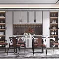 Modern Restaurant Interior Design With Dining Table Chairs Cabinets And Decorative Plants 3d model