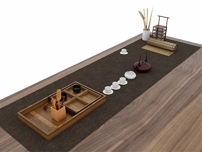 Traditional Tea Set with Tea Tray on Wooden Table Ceramic Cups Teapot and Bamboo Tools 3d model
