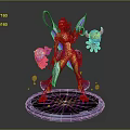 Vibrant Game Movie Character With Winged Accessories Holding Weapon And Colorful Creatures On Glowing Platform