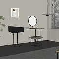 Modern Black Dressing Table With Round Mirror Beige Stool White Wall Decorative Painting Pendant Light