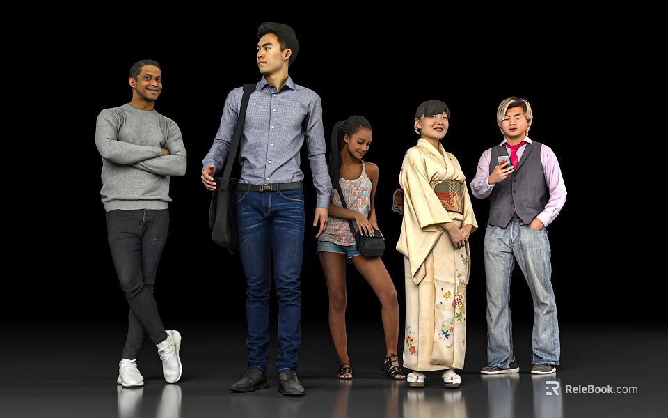 Culturally Diverse Group of People Standing in Various Outfits on Black Background 3d model 
