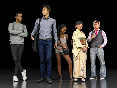 Culturally Diverse Group of People Standing in Various Outfits on Black Background 3d model