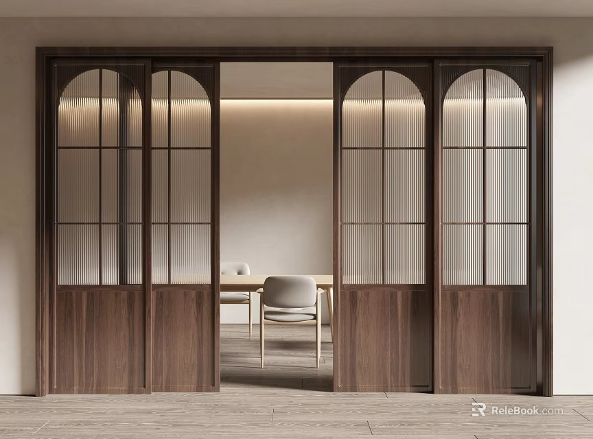 Modern Wooden Sliding Doors with Glass Panels Connecting Interior Dining Space Design 3d model 