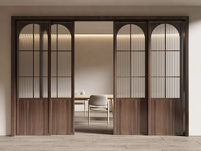 Modern Wooden Sliding Doors with Glass Panels Connecting Interior Dining Space Design 3d model