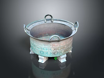 Ancient Chinese Bronze Ding Vessel With Loop Handles And Decorative Patterns On Three Legs 3d model