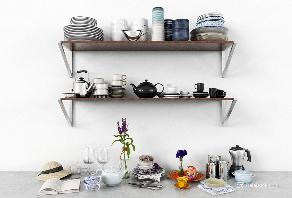 Wooden Shelves Tableware Set With Plates Cups Teapot Decorative Vase Coffee Utensils And Open Book 3d model 