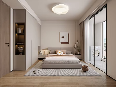 Modern Minimalist Bedroom Interior With Bed Nightstand Area Rug And Wardrobe 3d model