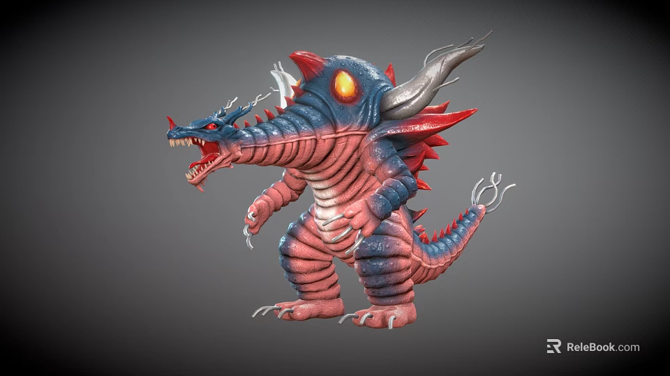 Roaring Fantasy Creature Character With Silver Horns Glowing Orange Eyes And Red Blue Striped Body 3d model 