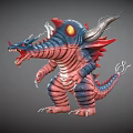 Roaring Fantasy Creature Character With Silver Horns Glowing Orange Eyes And Red Blue Striped Body