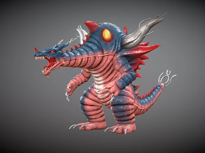 Roaring Fantasy Creature Character With Silver Horns Glowing Orange Eyes And Red Blue Striped Body 3d model