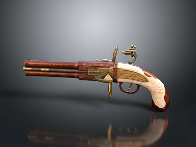 Antique Revolver With Wooden Grip And Ornate Metal Decorative Engravings On 3d model