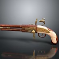 Antique Revolver With Wooden Grip And Ornate Metal Decorative Engravings On