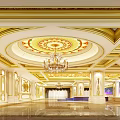 Luxurious Hotel Lobby With Golden Decorated Ceiling Stained Glass And Wedding Stage Design