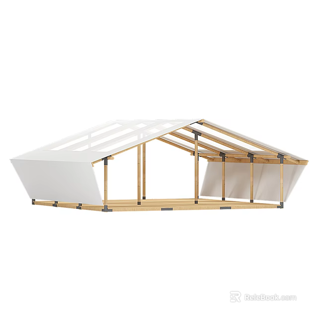 Modern Camping Tent with Wooden Frame Clear Roof Panels and White Canopy 3d model 