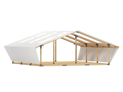 Modern Camping Tent with Wooden Frame Clear Roof Panels and White Canopy 3d model