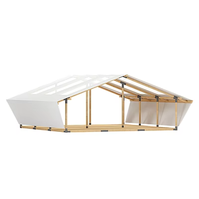 Modern Camping Tent with Wooden Frame Clear Roof Panels and White Canopy 3d model
