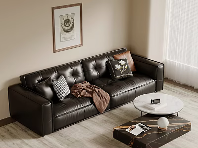 Black Leather Sofa With Pillows Blanket Near Round White Square Marble Coffee Tables Decorative Painting 3d model