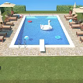 Scenic Backyard Pool Area With Green Hedge Umbrellas Loungers Palm Trees And Swan Decoration
