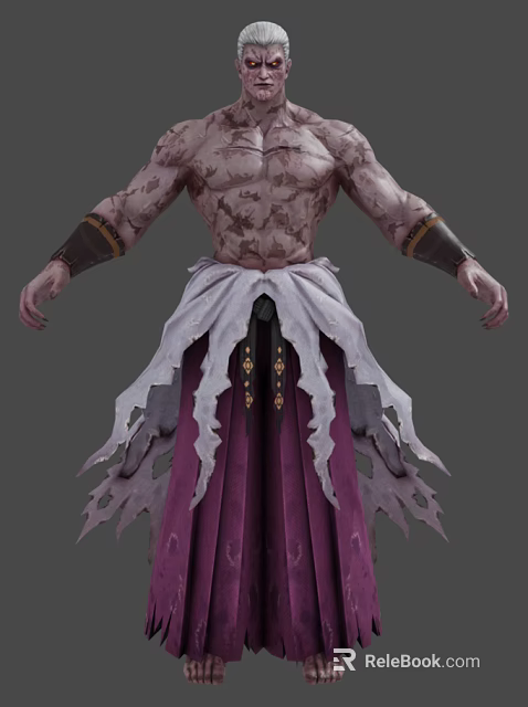 Game and Movie Character With Shirtless Torso Tattered Skin Texture Arm Cuffs Purple Skirt 3d model 