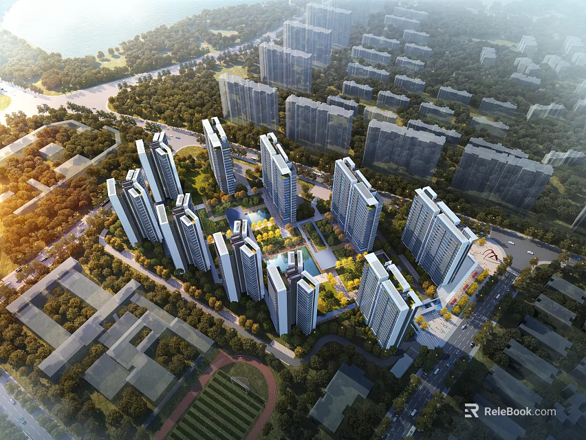Aerial Planning of Modern Residential Community With High Rise Buildings And Green Spaces 3d model 