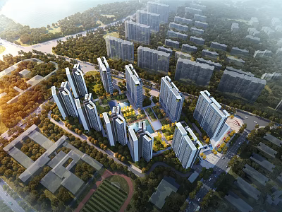 Aerial Planning of Modern Residential Community With High Rise Buildings And Green Spaces 3d model