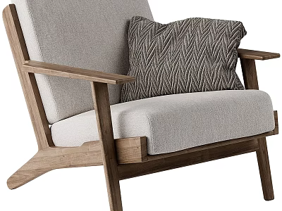 Gray Fabric Armchair With Wooden Frame And Zigzag Pattern Pillow 3d model
