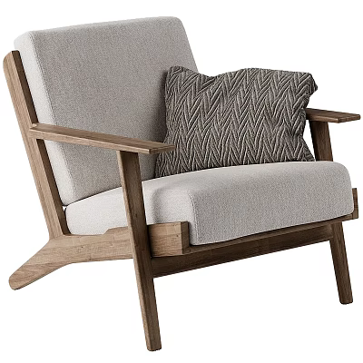 Gray Fabric Armchair With Wooden Frame And Zigzag Pattern Pillow 3d model