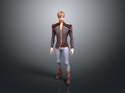 Man With Blonde Hair Wearing Dark Jacket With Shoulder Accents Light Pants And Brown Boots 3d model