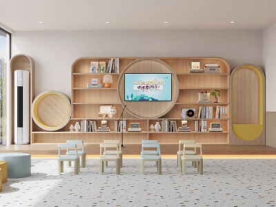 Rounded Natural Wooden Bookcase With Open Shelves For Cozy Kindergarten Children Reading Activity Room 3d model
