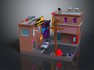 Cartoon Scene of Urban Buildings with Street Pole Lamp Car and Trash Can 3d model